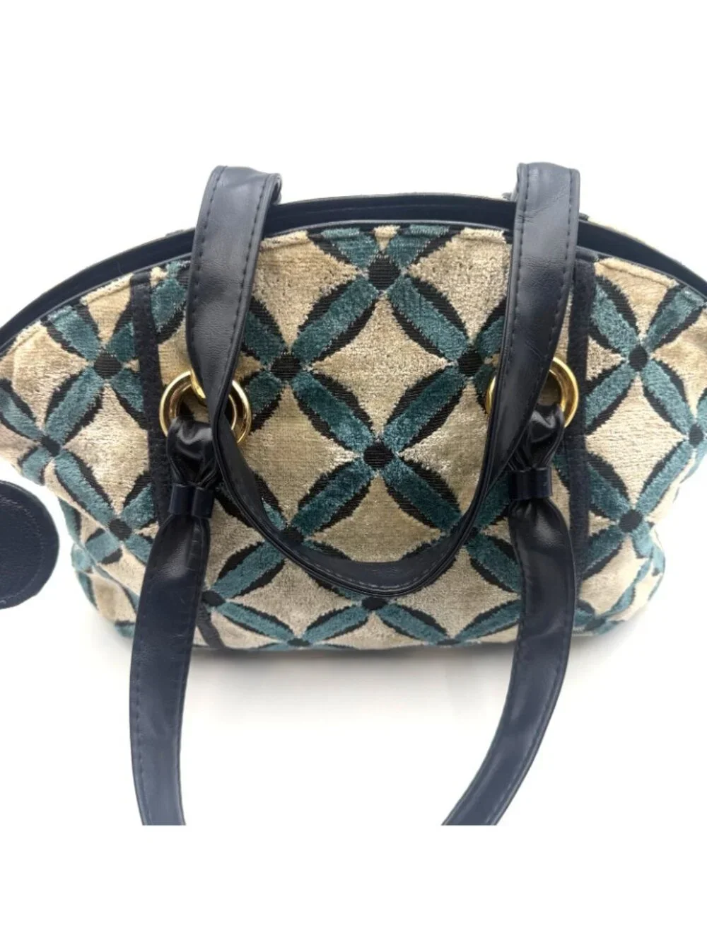 Vintage Tapestry Shoulder Bag Blue Black Geometric Velvet Purse Red Lining